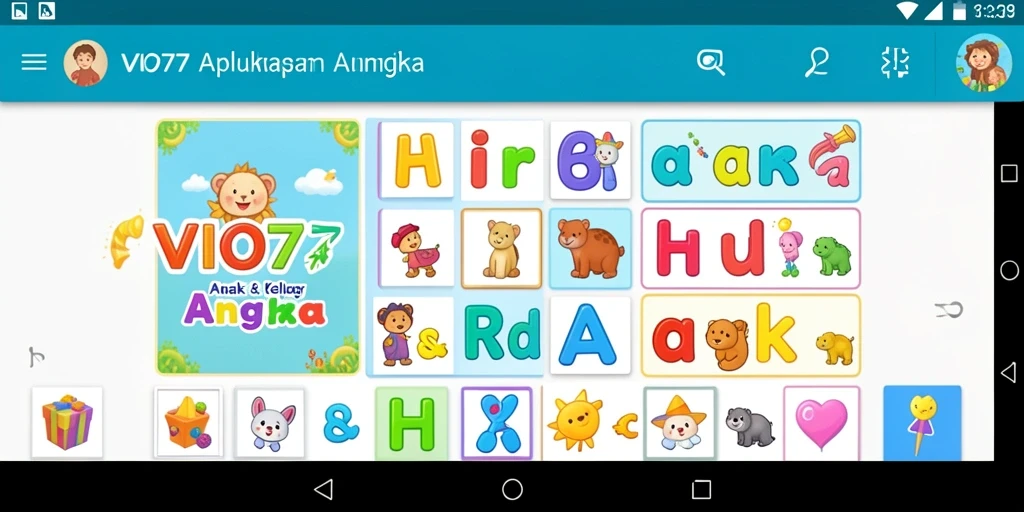 Antarmuka VIO77 yang ceria dan interaktif untuk belajar huruf dan angka.